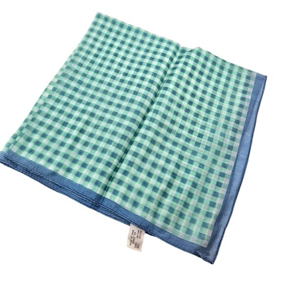 Vintage Japanese Checkered Scarf Rayon/Nylon Blue Green 20" JJ3798 - Picture 1 of 8